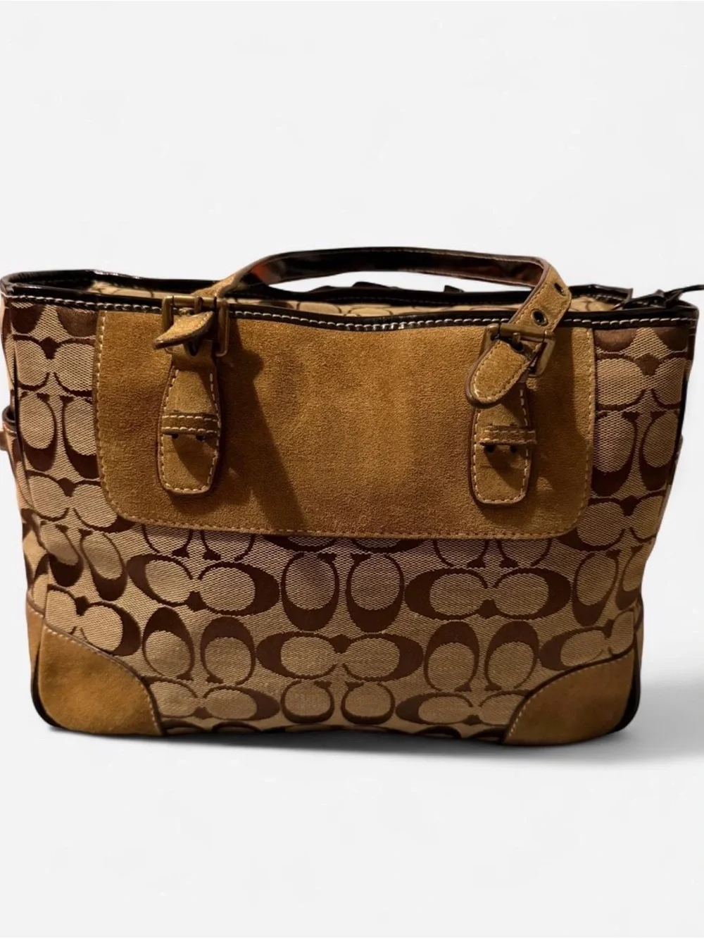 Coach Tan and Brown Signature Canvas Tote with Suede Trim